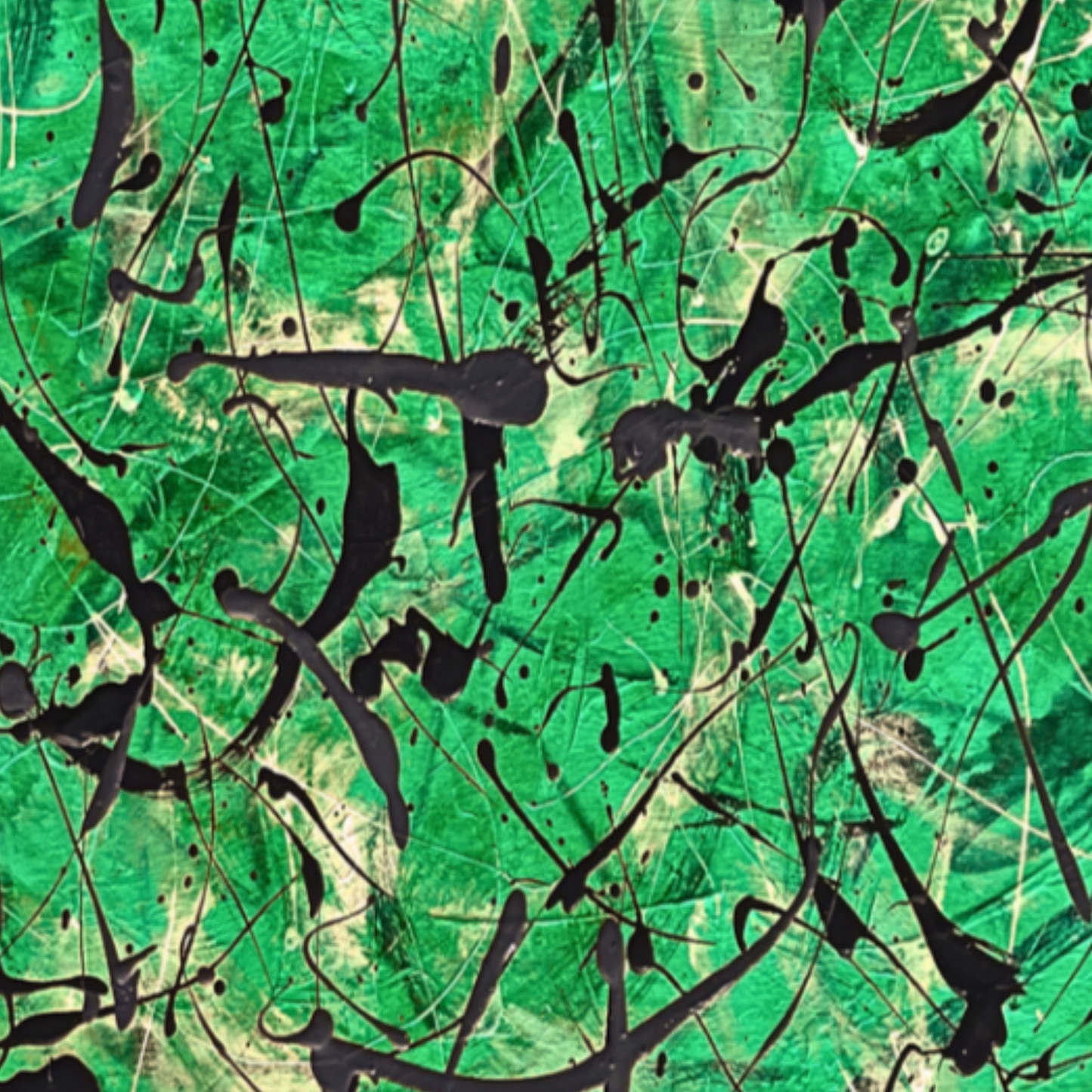 Pollock-Inspired Emerald & Black Drip Painting – Hand-Painted Abstract Canvas Wall Art