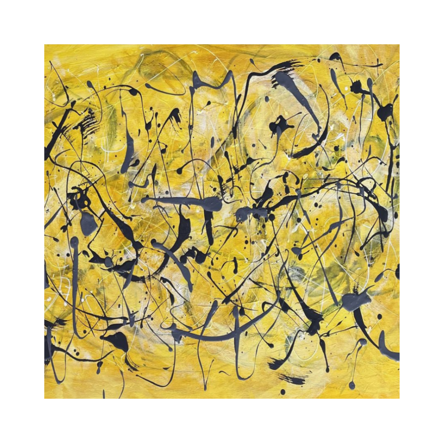 Pollock-Inspired Yellow & Black Drip Painting – Hand-Painted Abstract Canvas Wall Art