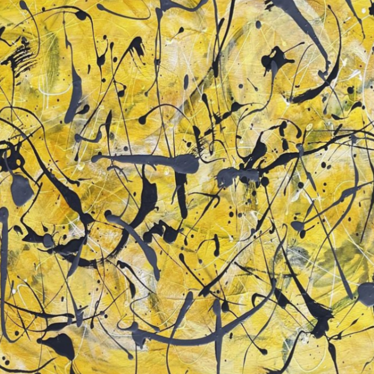 Pollock-Inspired Yellow & Black Drip Painting – Hand-Painted Abstract Canvas Wall Art