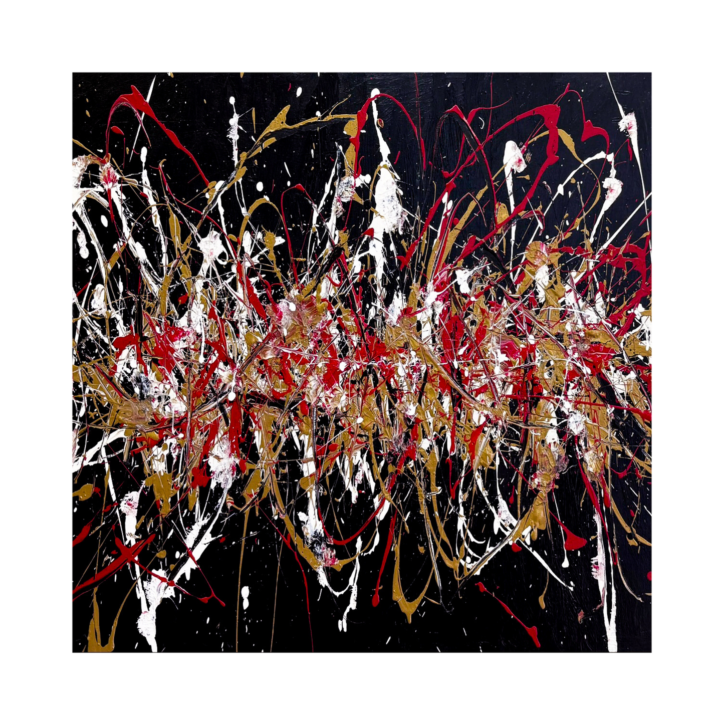 Pollock-Inspired Black, Red & Gold Drip Painting – Hand-Painted Abstract Canvas Wall Art