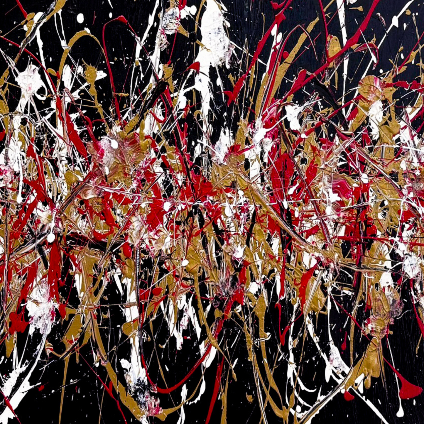 Pollock-Inspired Black, Red & Gold Drip Painting – Hand-Painted Abstract Canvas Wall Art