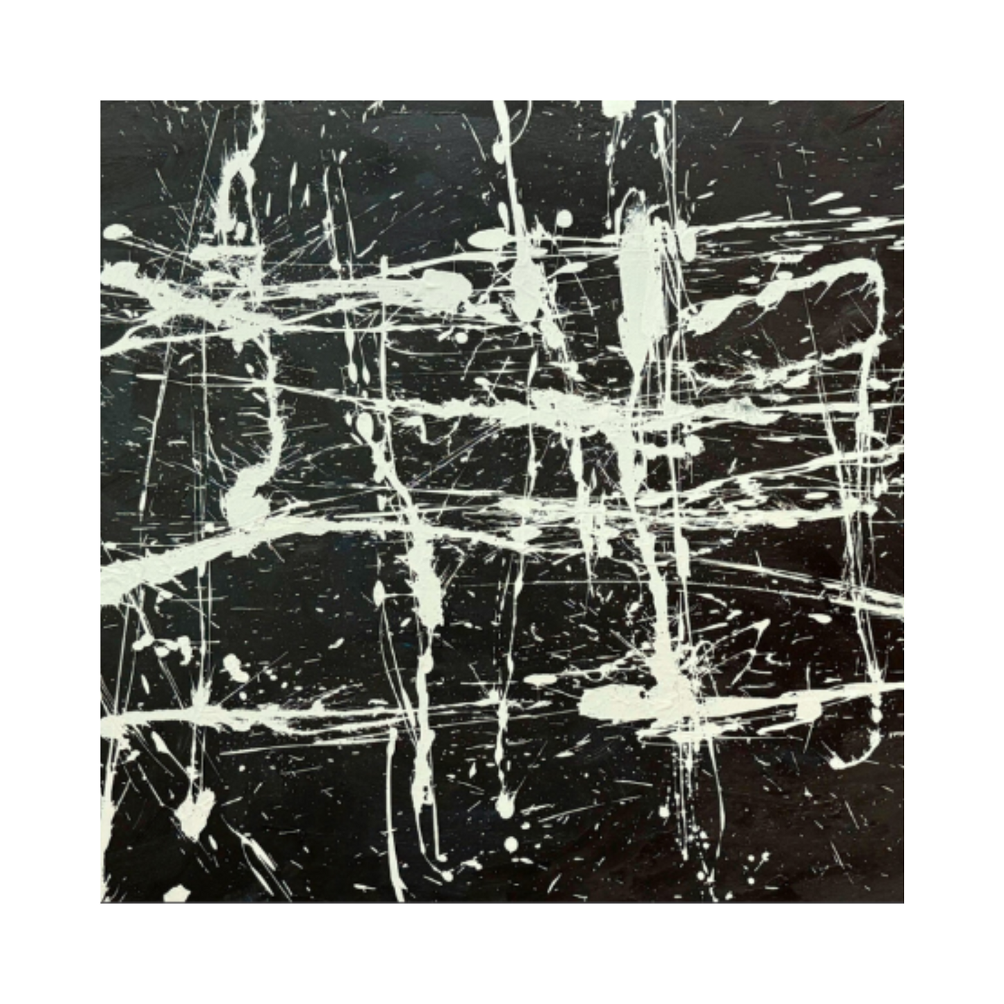 Pollock-Inspired Black & White Grid Drip Painting – Hand-Painted Abstract Canvas Wall Art
