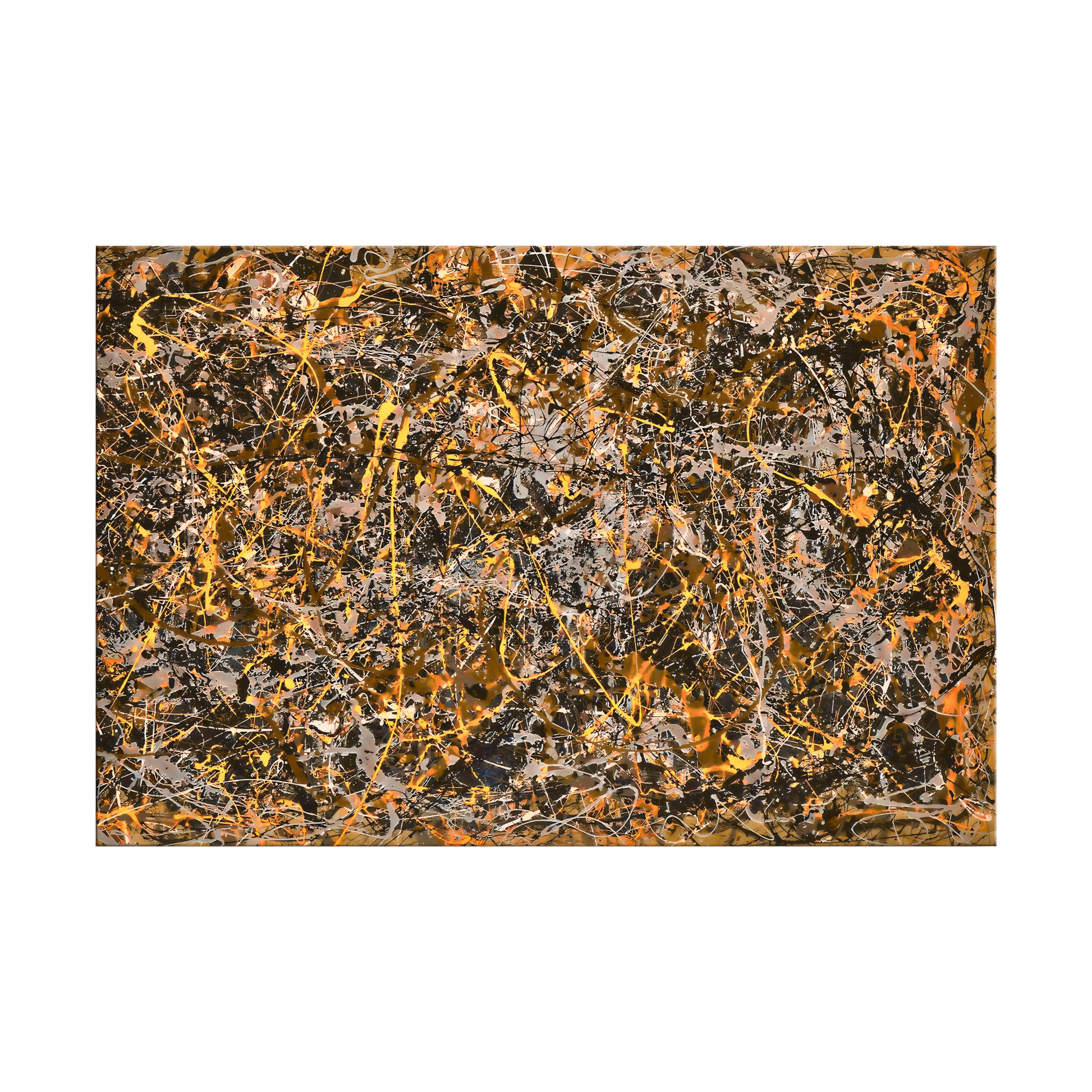 Abstract art piece with orange, black, and gray colors on a white background