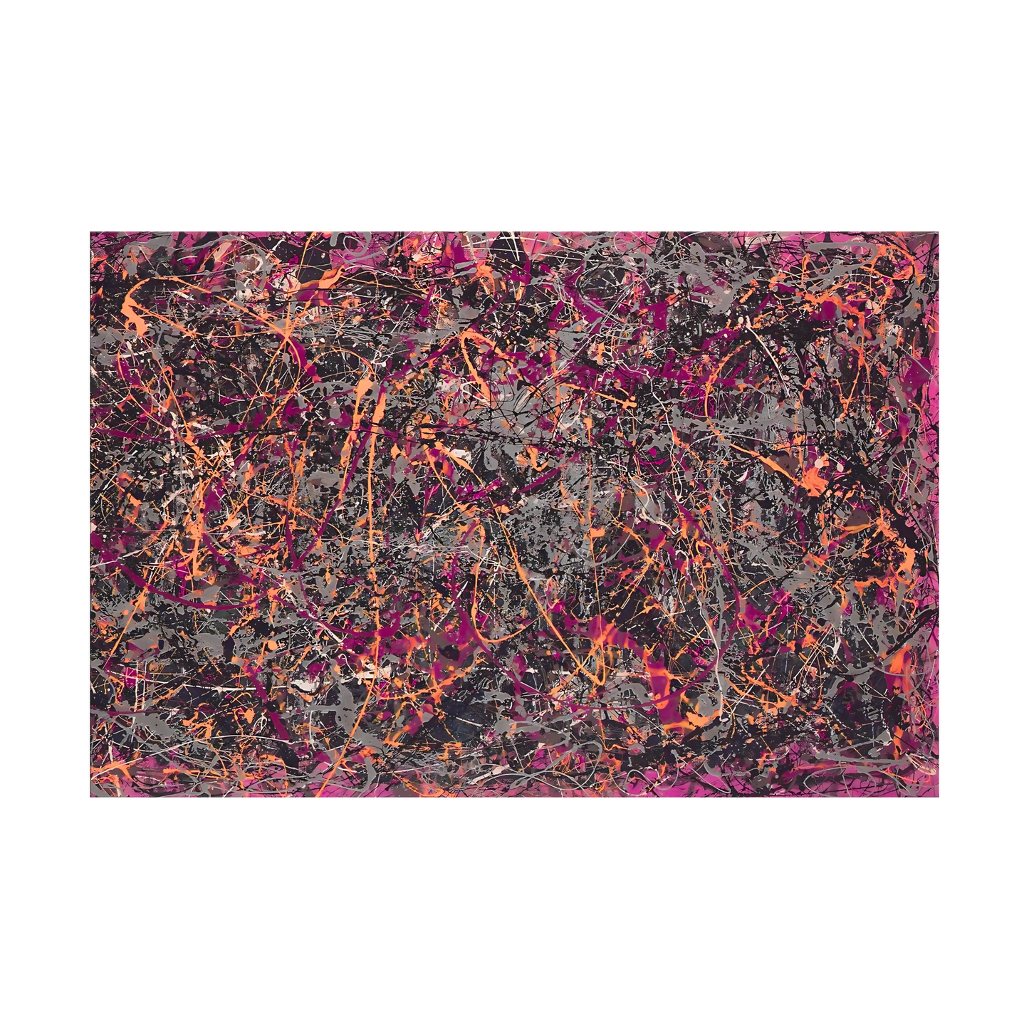 Abstract art piece with splashes of pink, orange, and black on a white background