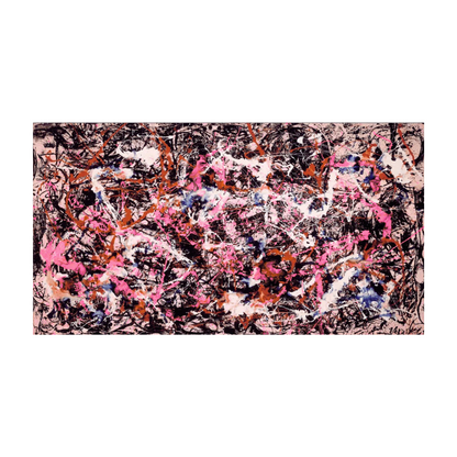 Abstract art piece with pink, orange, and black colors on a white background