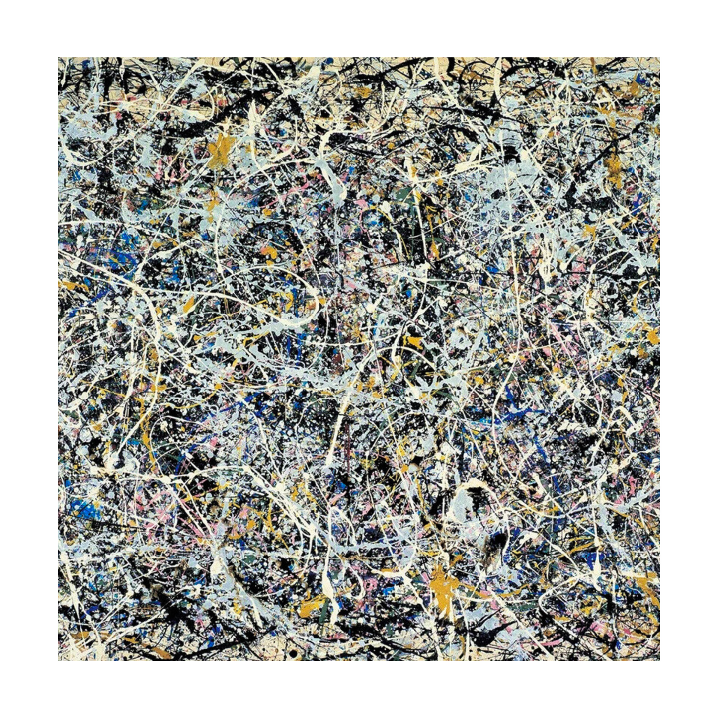 Pollock-Style Abstract Drip Painting – Hand-Painted Modern Wall Art in White, Gold & Blue
