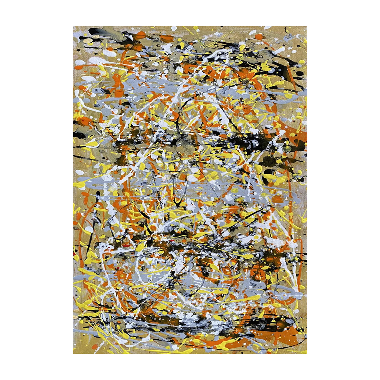 Abstract painting with splashes of orange, yellow, black, and white on a beige background
