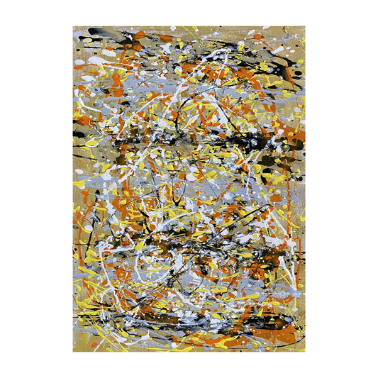 Abstract painting with splashes of orange, yellow, black, and white on a beige background
