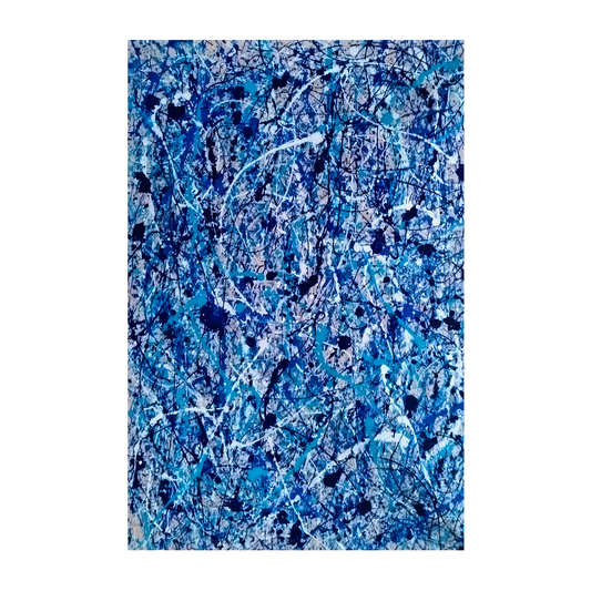 Abstract art piece with blue and black patterns on a white background