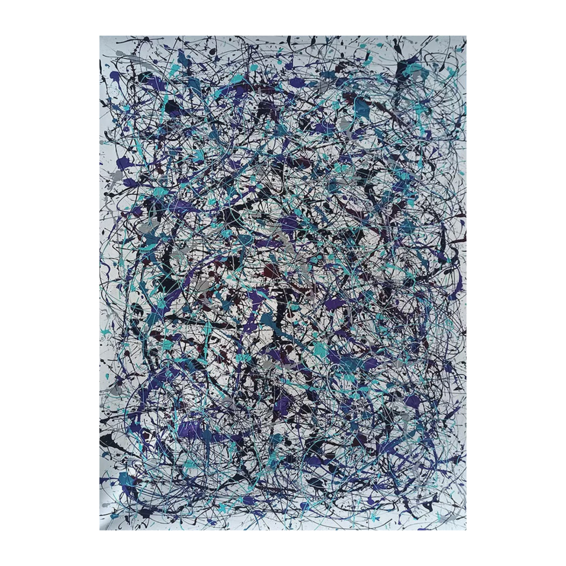 Abstract art piece with blue and black brush strokes on a light gray background