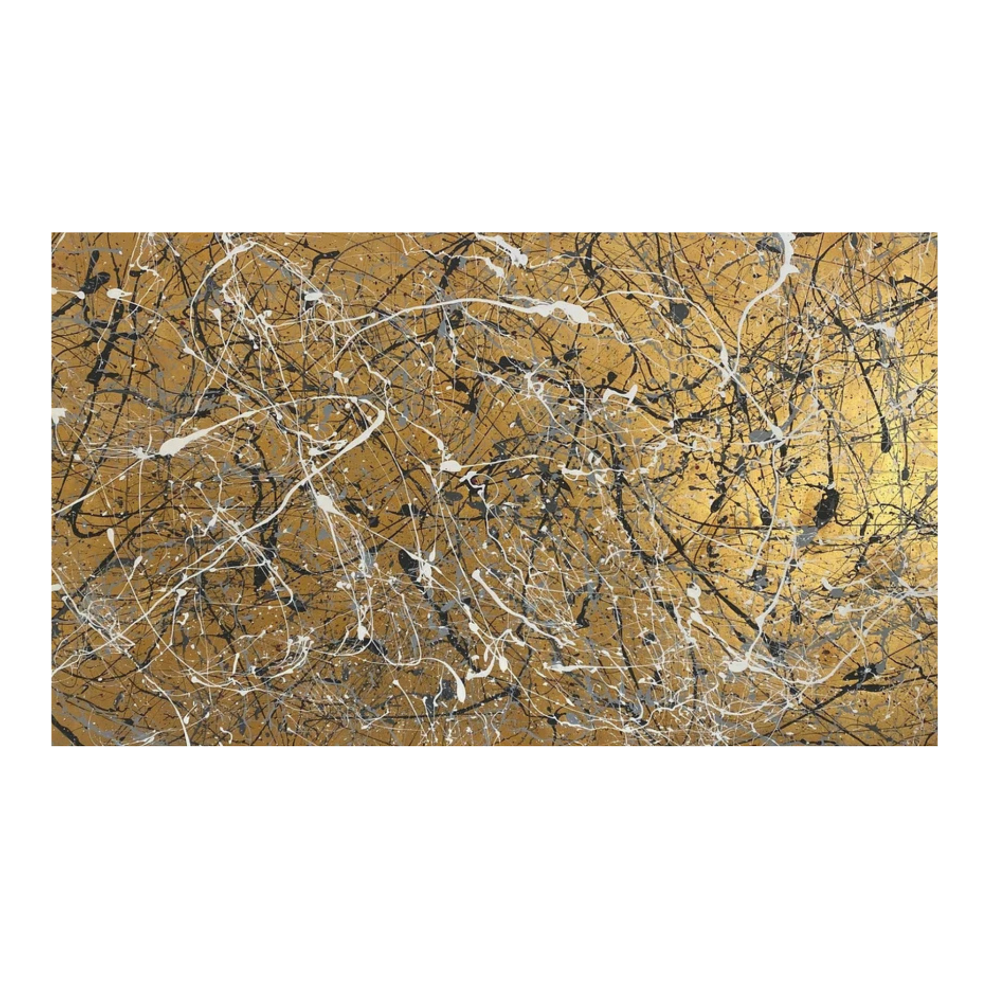 Abstract art piece with dynamic black, white, and gold patterns on a textured surface.