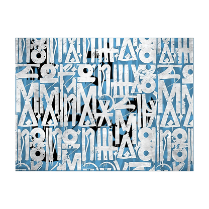 Abstract art piece with geometric shapes on a blue background