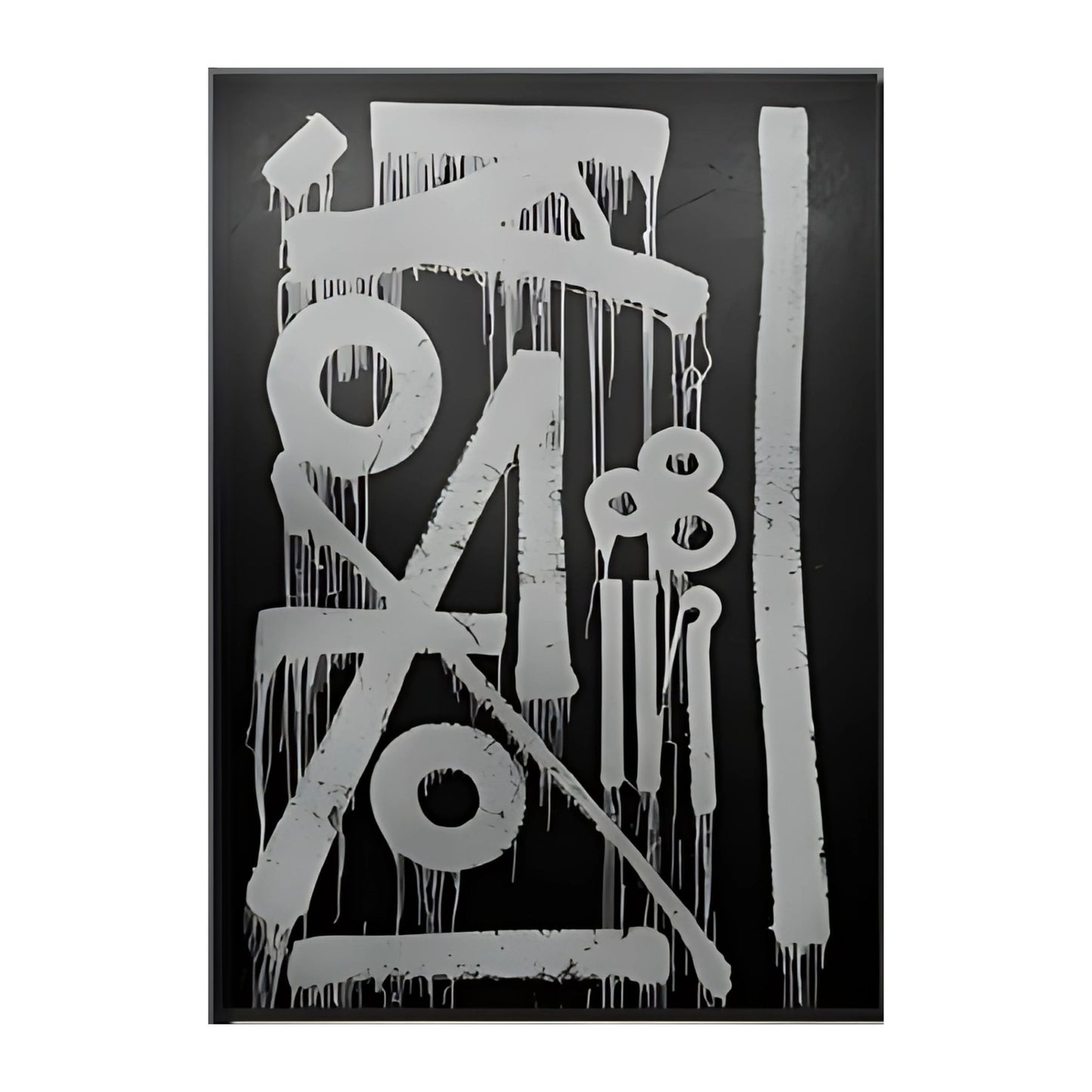 Abstract artwork with white symbols and drips on a black background