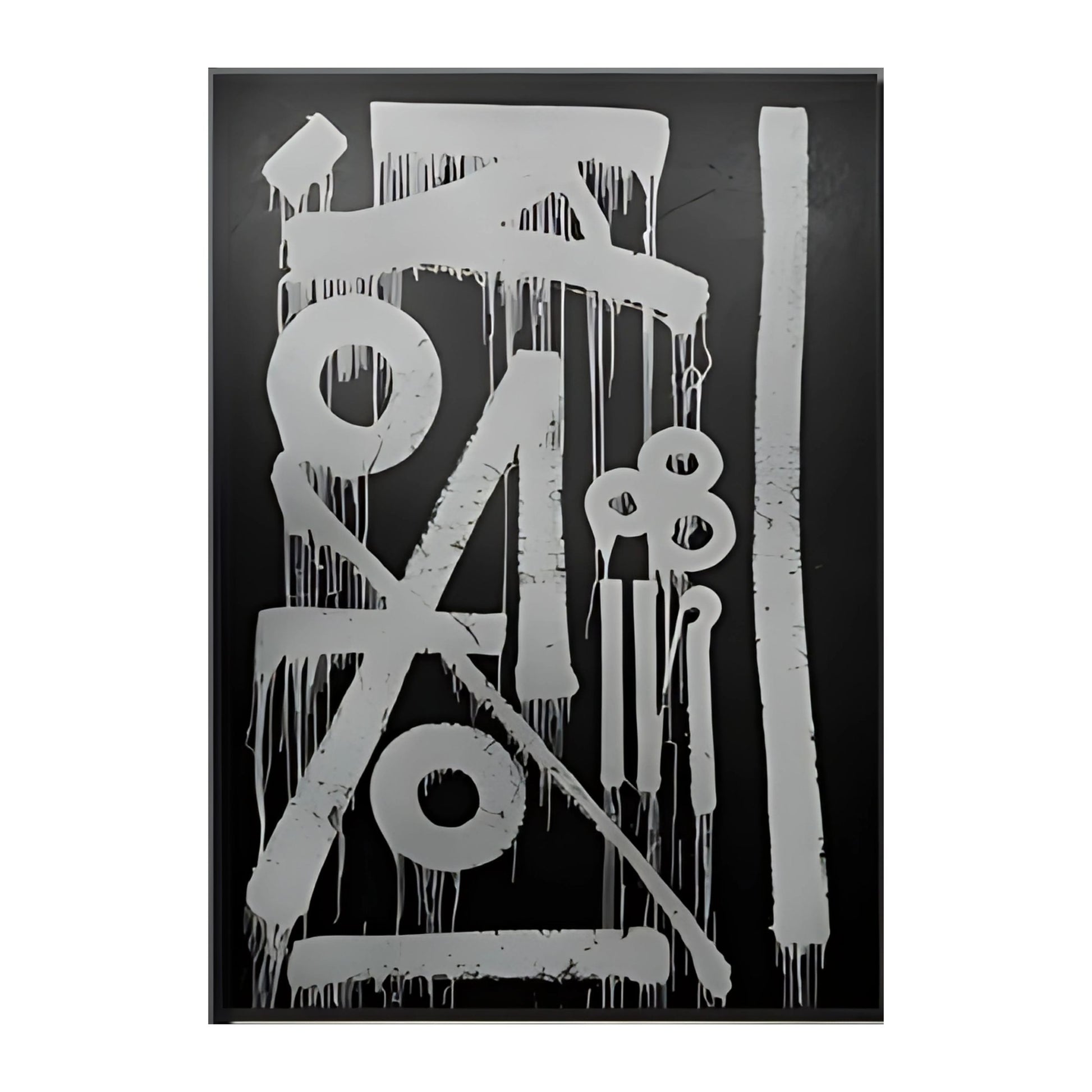 Abstract artwork with white symbols and drips on a black background