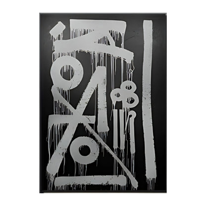 Abstract artwork with white symbols and drips on a black background