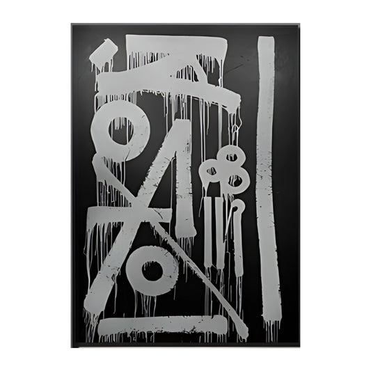 Abstract artwork with white symbols and drips on a black background