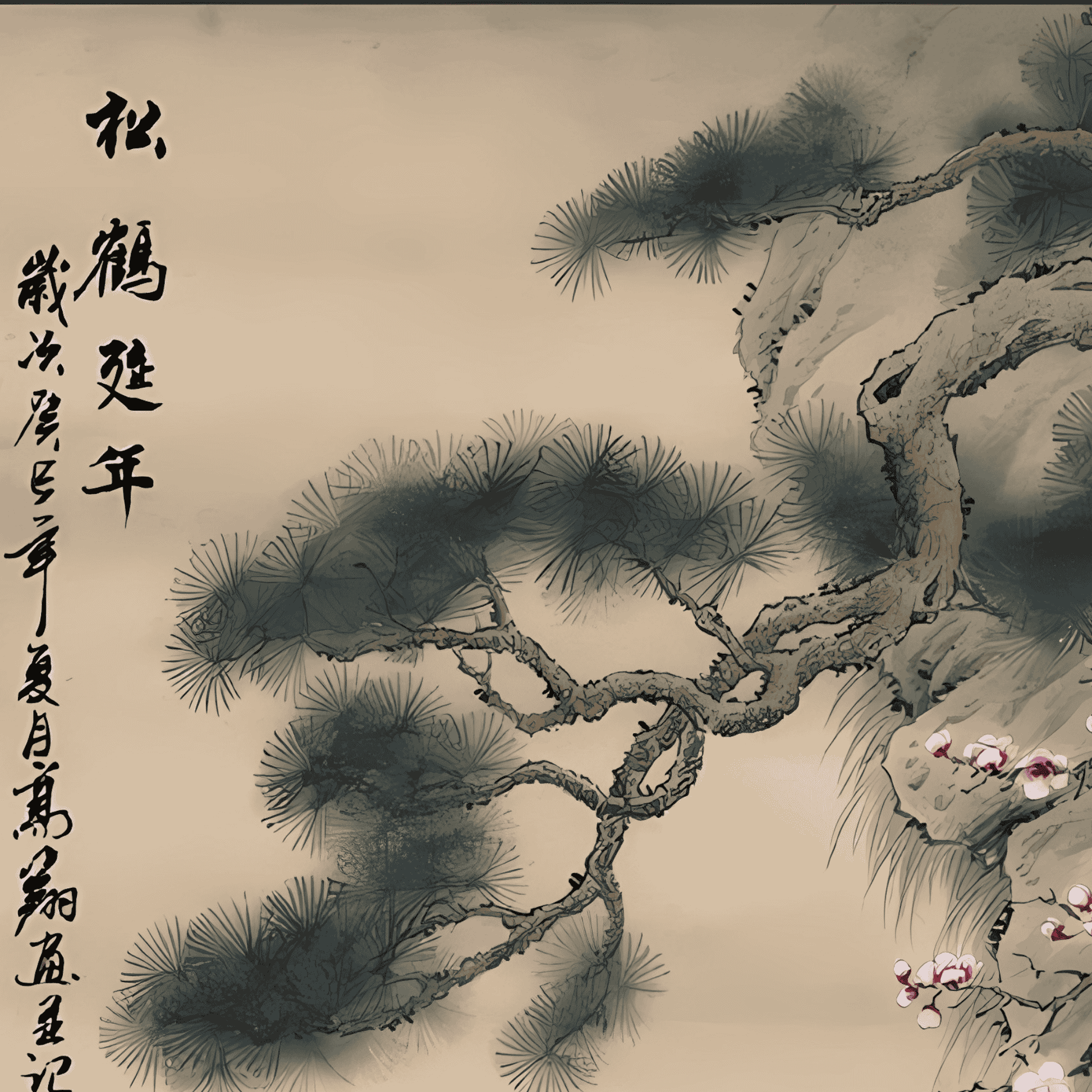 Traditional Chinese ink painting of a pine branch with plum blossoms on a beige background.