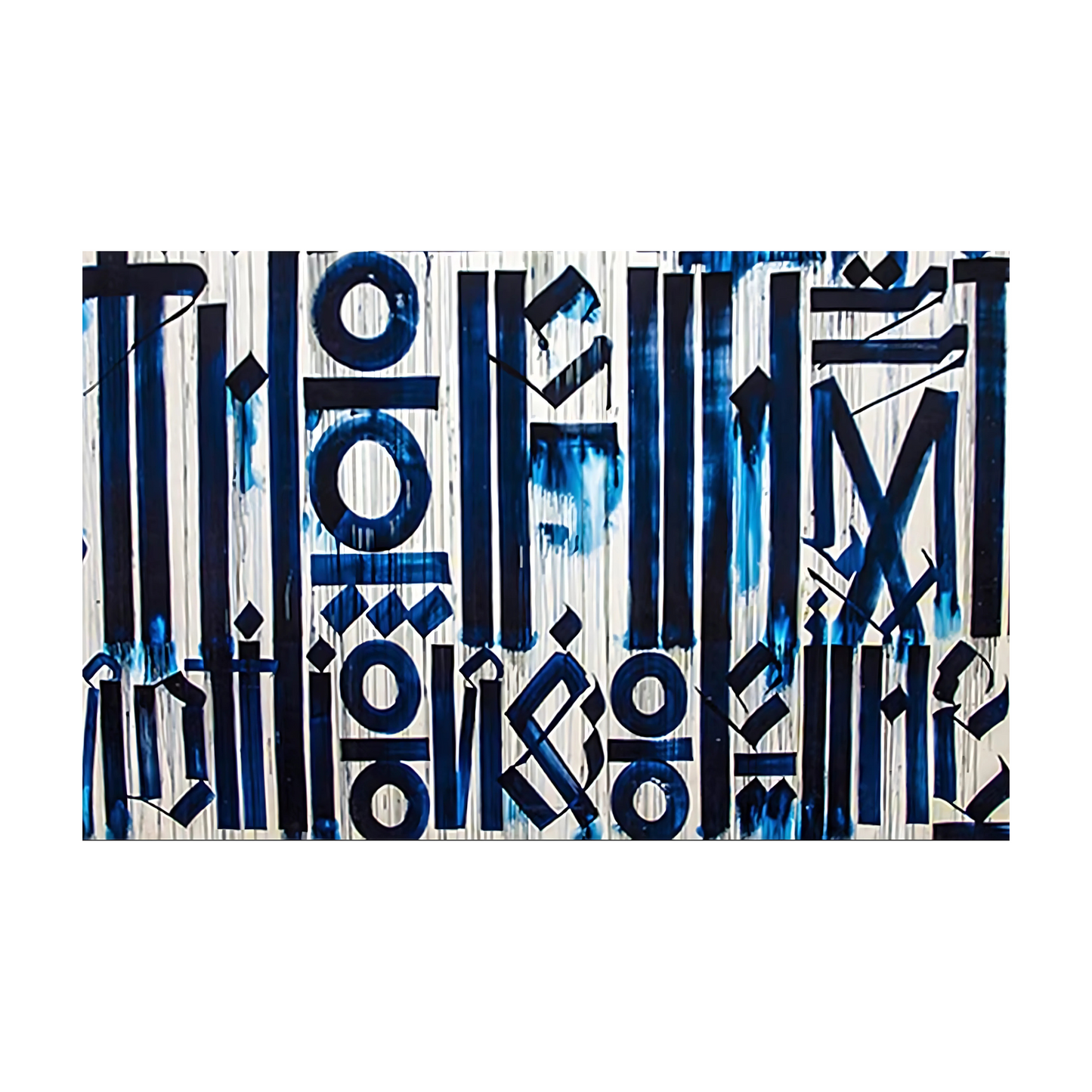 Abstract artwork with blue and black shapes on a white background