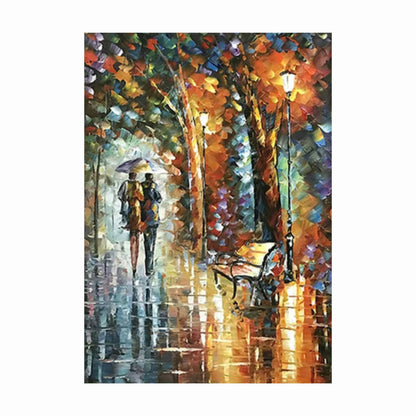 Colorful painting of a couple under an umbrella in a park with a bench and streetlights.