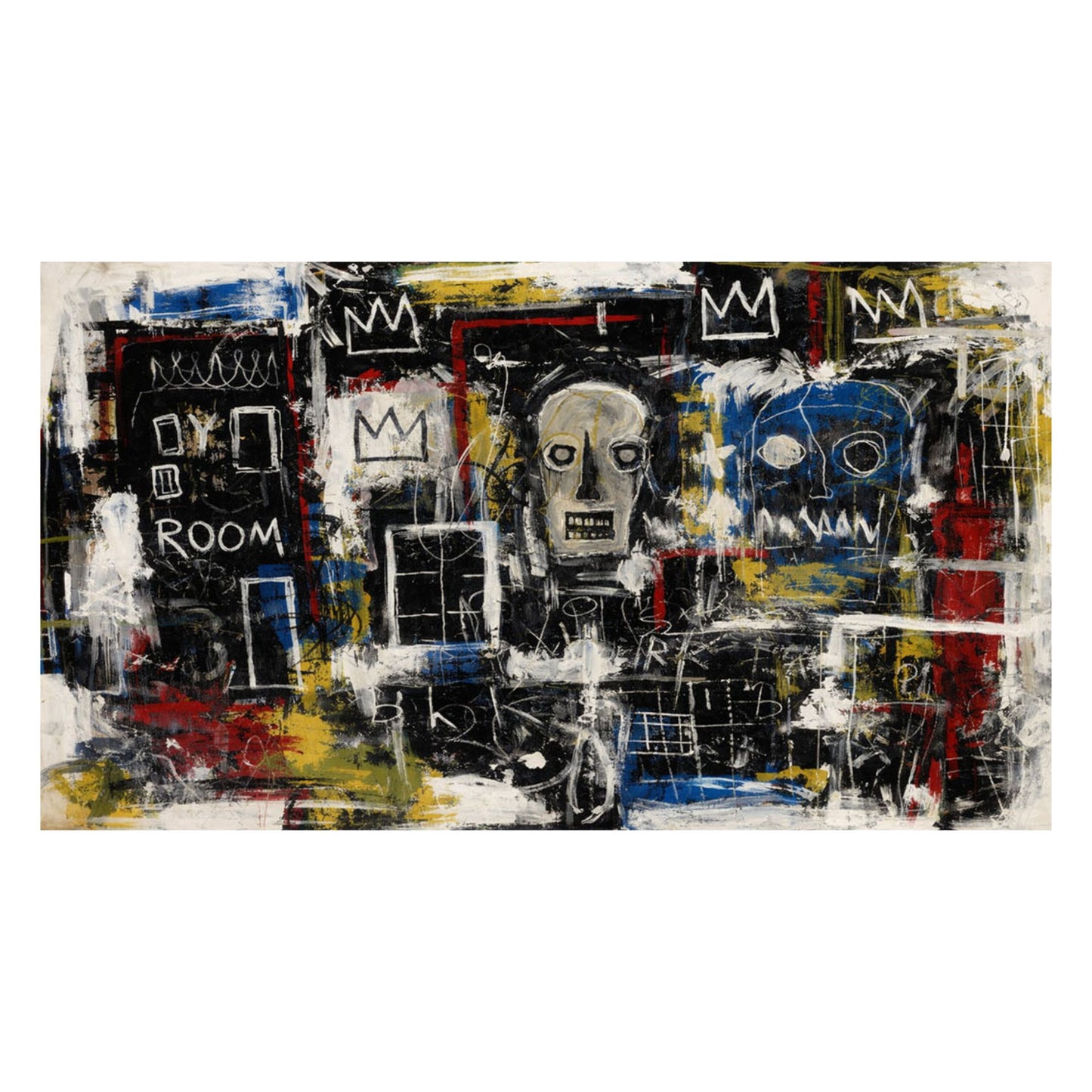 Abstract artwork with colorful shapes and text on a white background