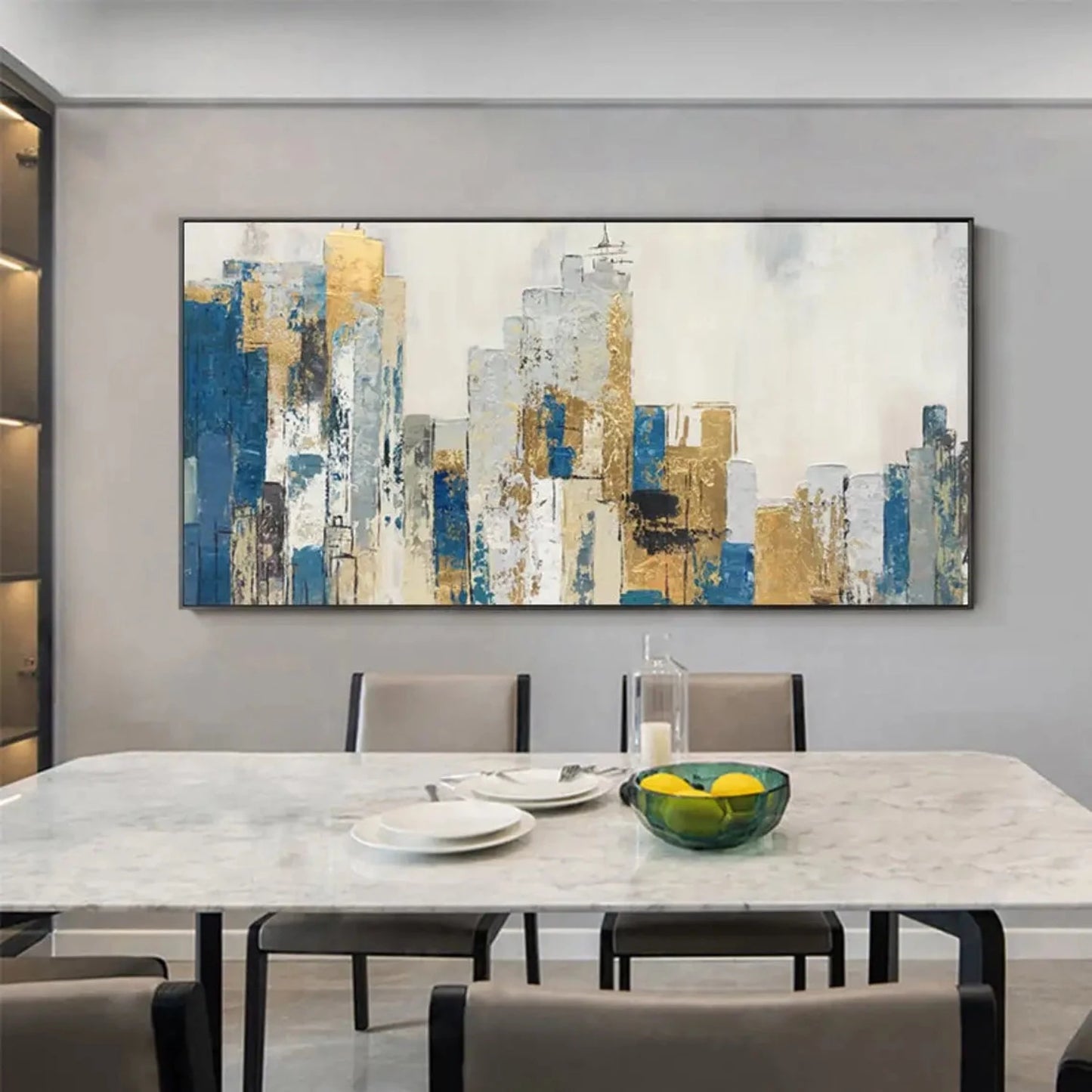 Abstract Blue Gold Textured Cityscape Oil Painting