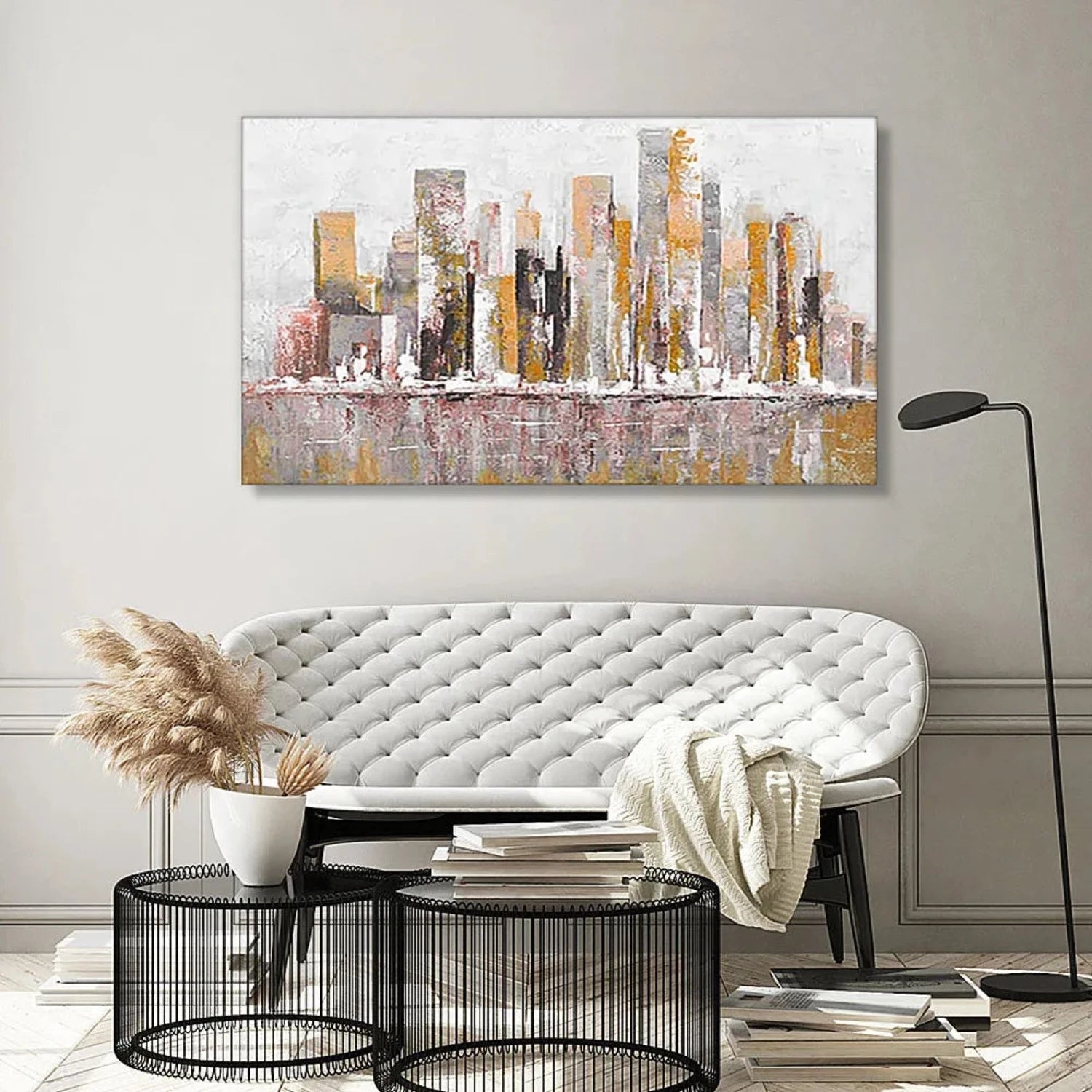 Minimalist Riverside Cityscape Textured Painting