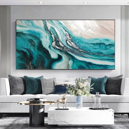 Original Green Silver Waves Abstract Fluid Artwork