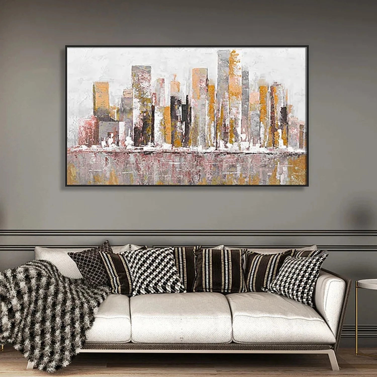 Minimalist Riverside Cityscape Textured Painting