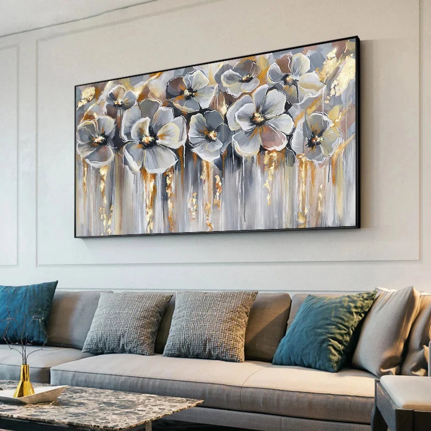 Abstract Grey Gold Flowers Textured Drip Painting