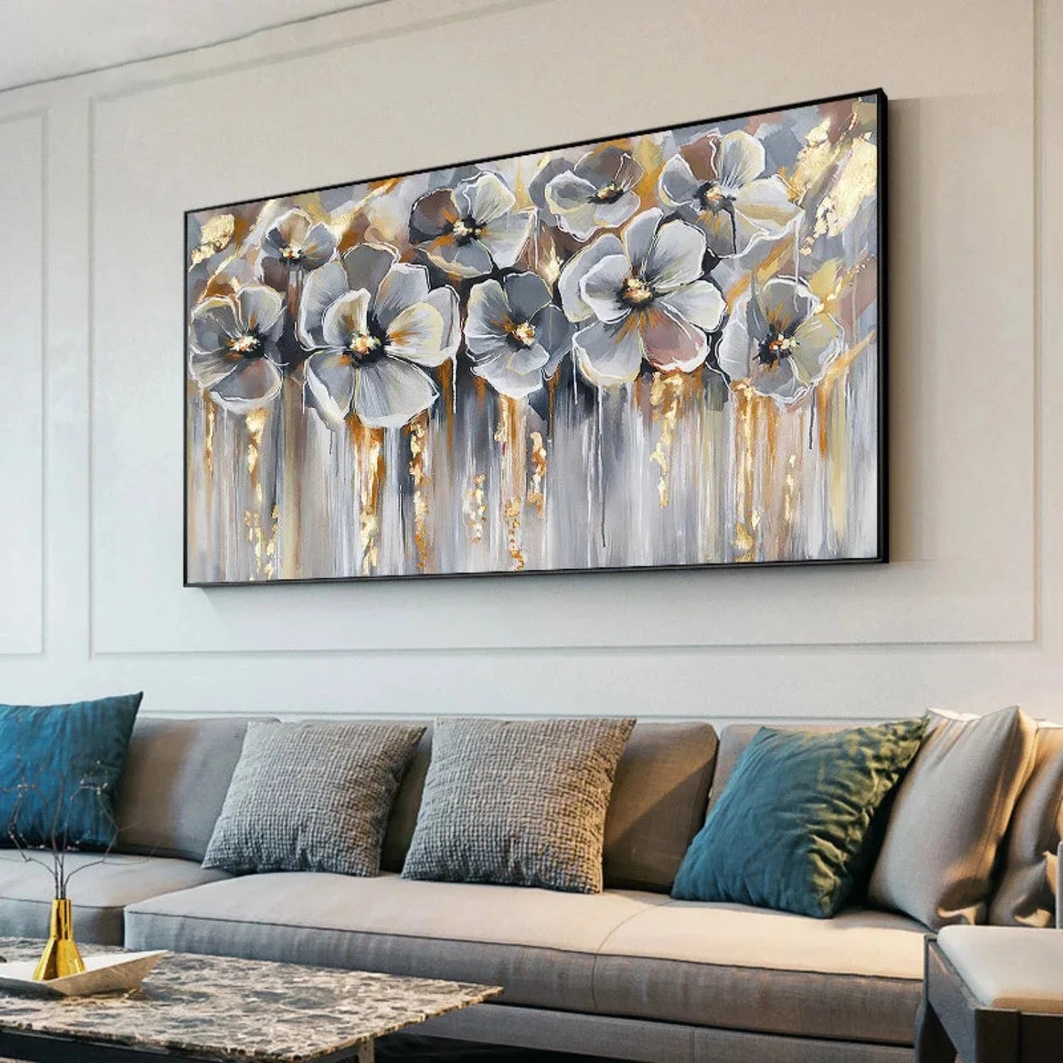 Abstract Grey Gold Flowers Textured Drip Painting