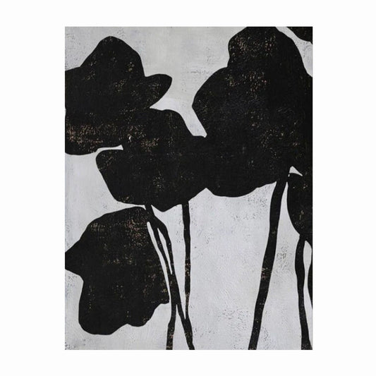 Black floral silhouette on a textured white background
