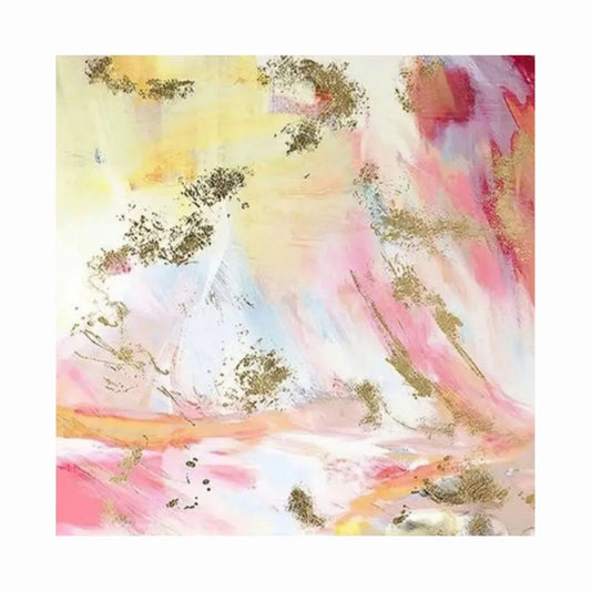 Abstract art with pastel colors and gold accents on a white background