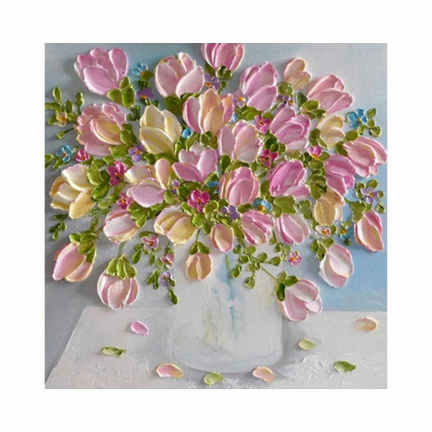 Decorative painting of pink and yellow tulips in a white vase on a light blue background.