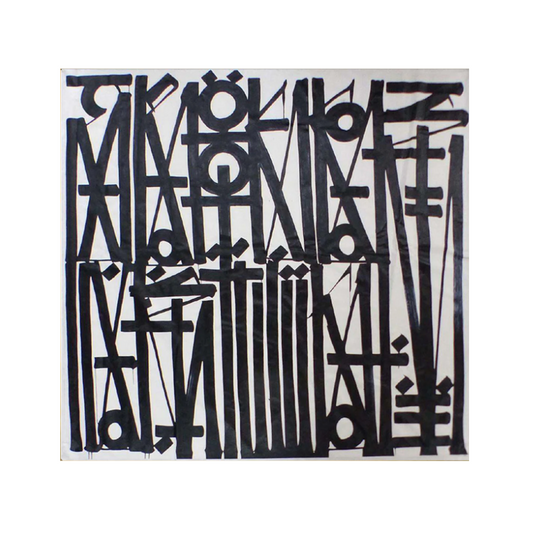 Abstract art piece with black and white geometric shapes on a white background