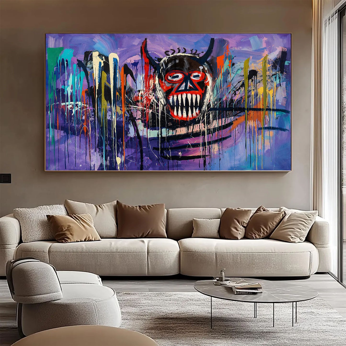 Colorful abstract painting of a mask on a wall above a beige sofa in a living room.