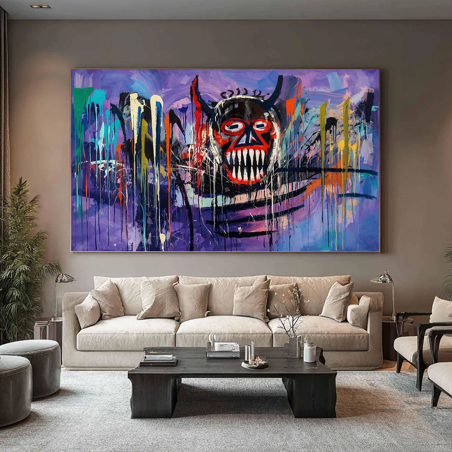 Modern living room with a large abstract painting on the wall