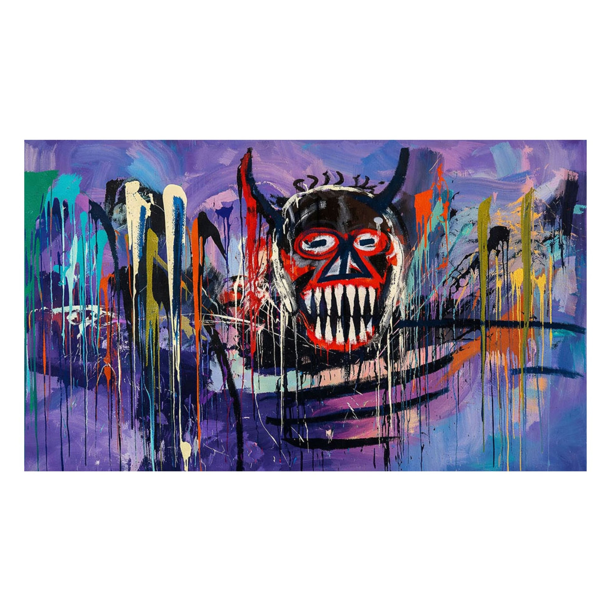 Colorful abstract painting with a central mask-like figure on a white background