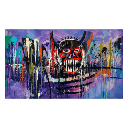 Colorful abstract painting with a central mask-like figure on a white background