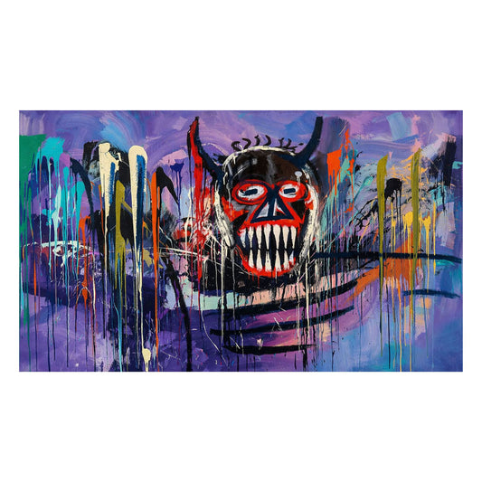 Colorful abstract painting with a central mask-like figure on a white background