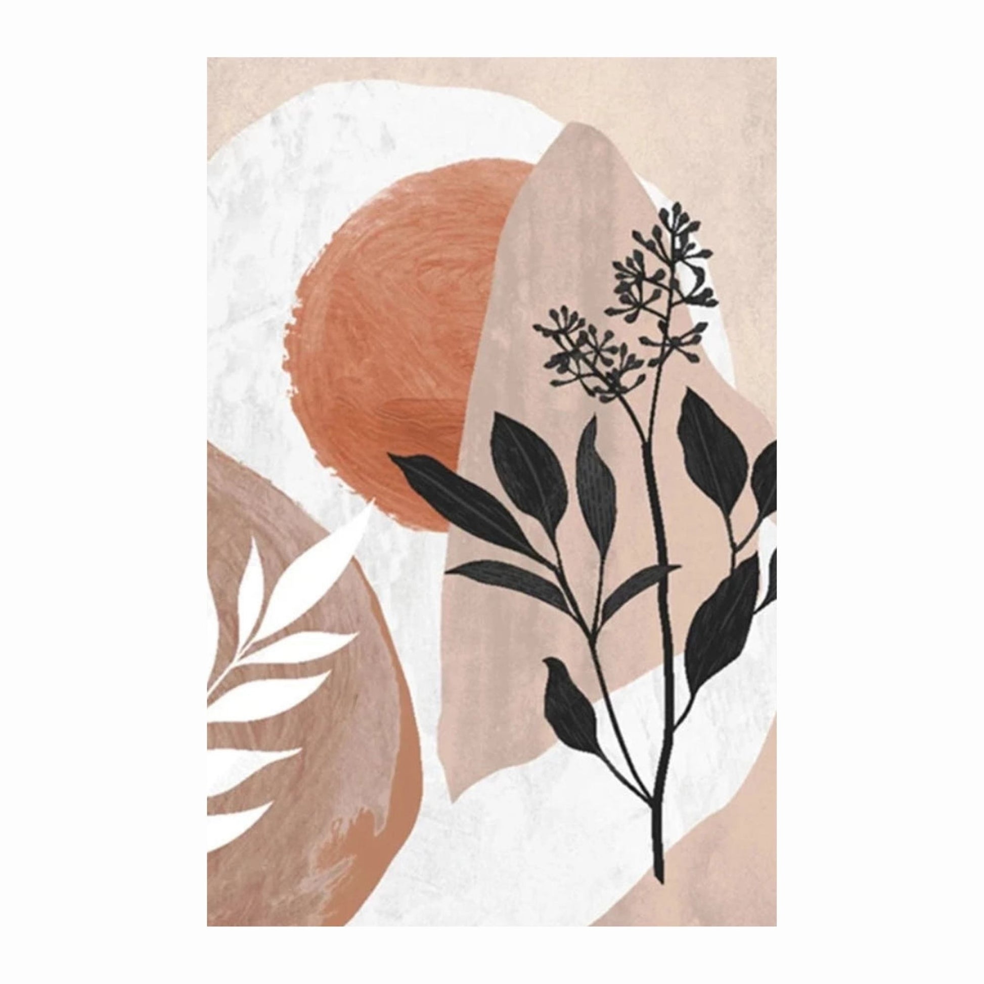 Abstract art piece with black leaves and brown circular shapes on a beige background