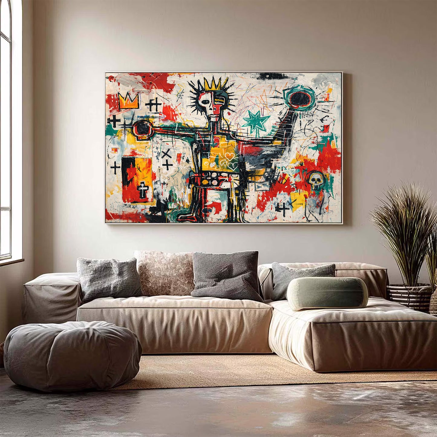 Abstract painting on a wall above a beige sofa in a living room.