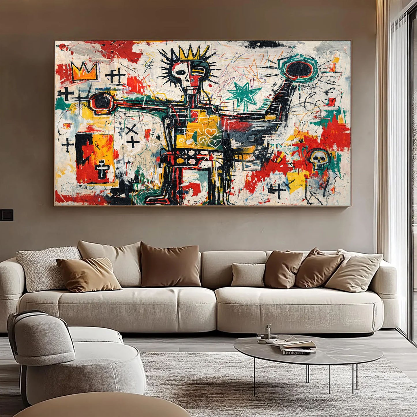 Abstract painting on a wall above a beige sofa in a modern living room.