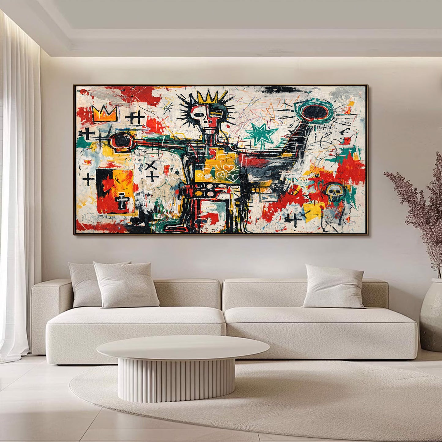 Modern living room with a colorful abstract painting on the wall above a white sofa.