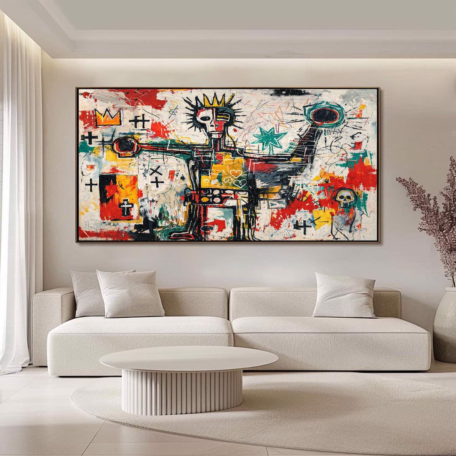 Modern living room with a colorful abstract painting on the wall above a white sofa.