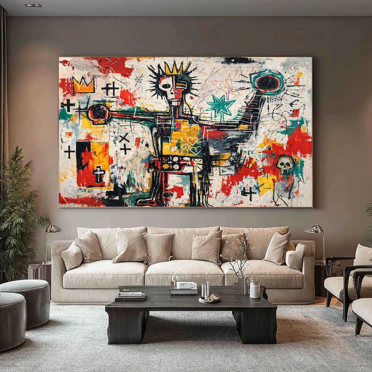 Modern living room with a large abstract painting on the wall above a beige sofa.