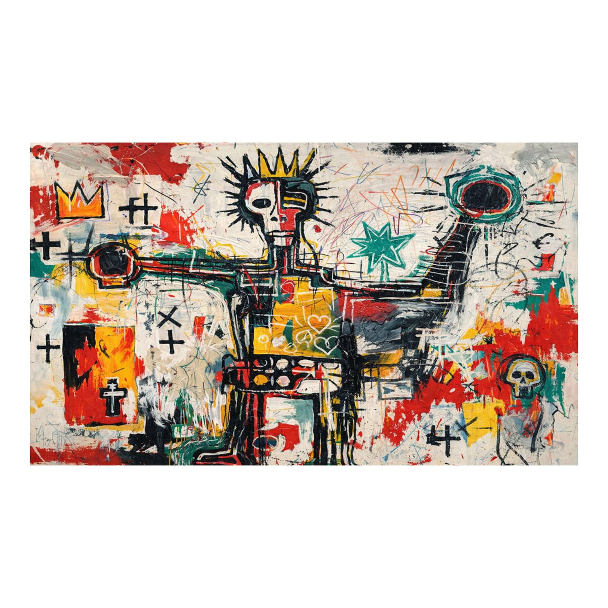 Abstract artwork with colorful geometric shapes and symbols on a white background