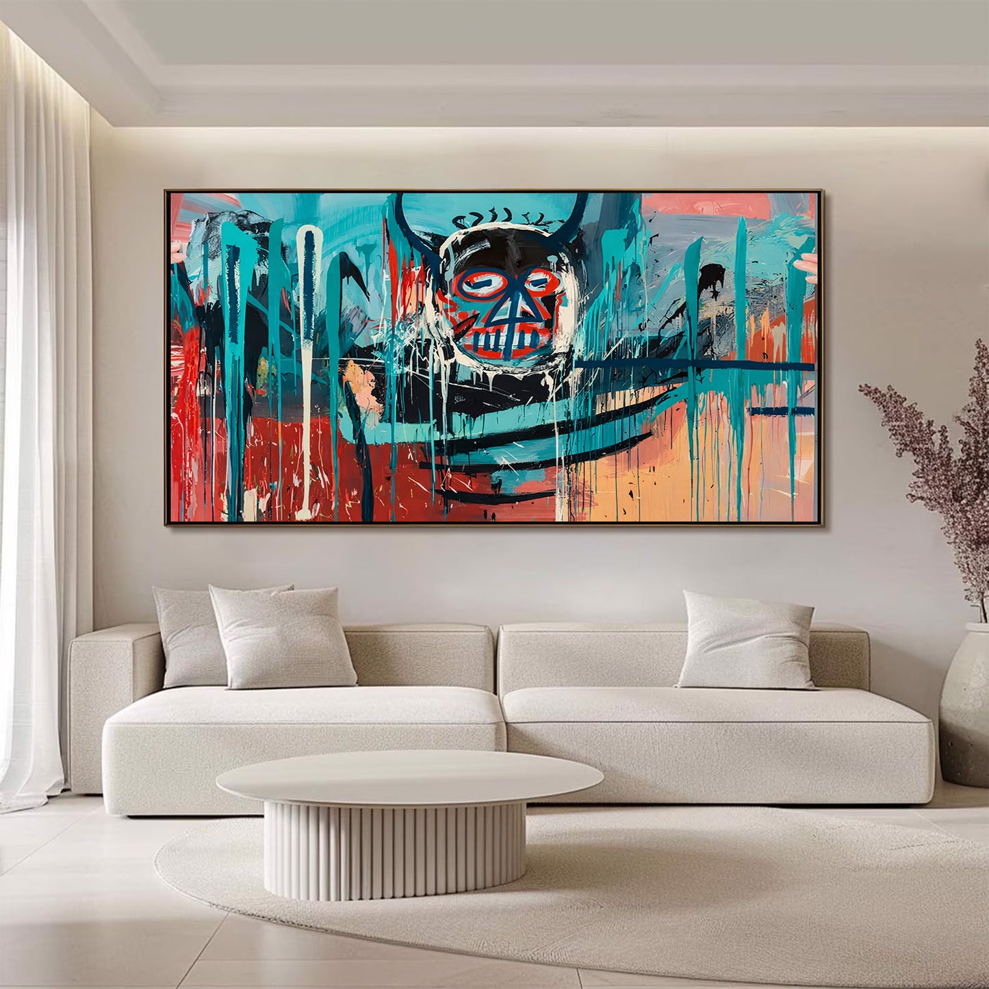 Modern living room with a large abstract painting on the wall above a white sofa.