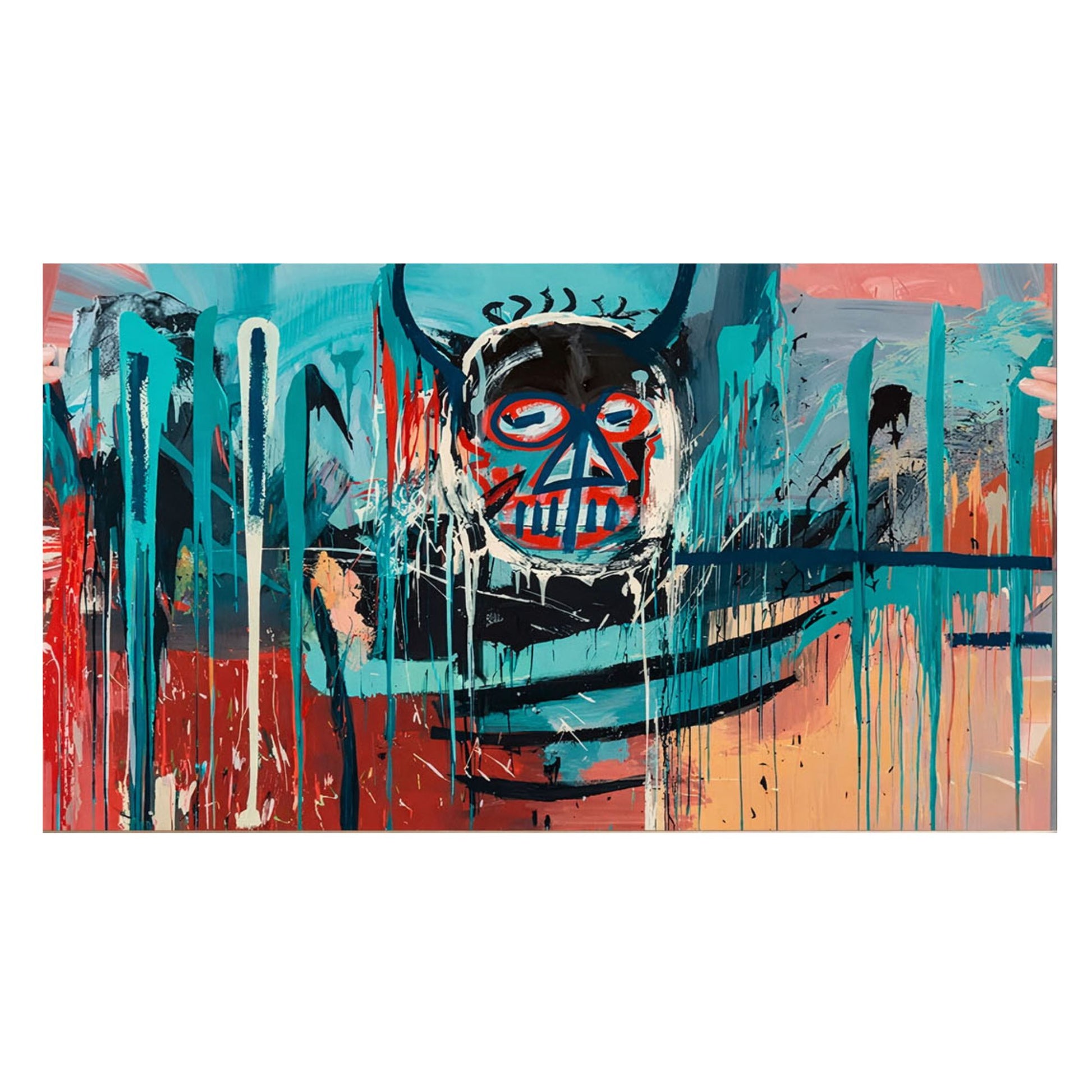 Abstract painting with vibrant colors and a central figure