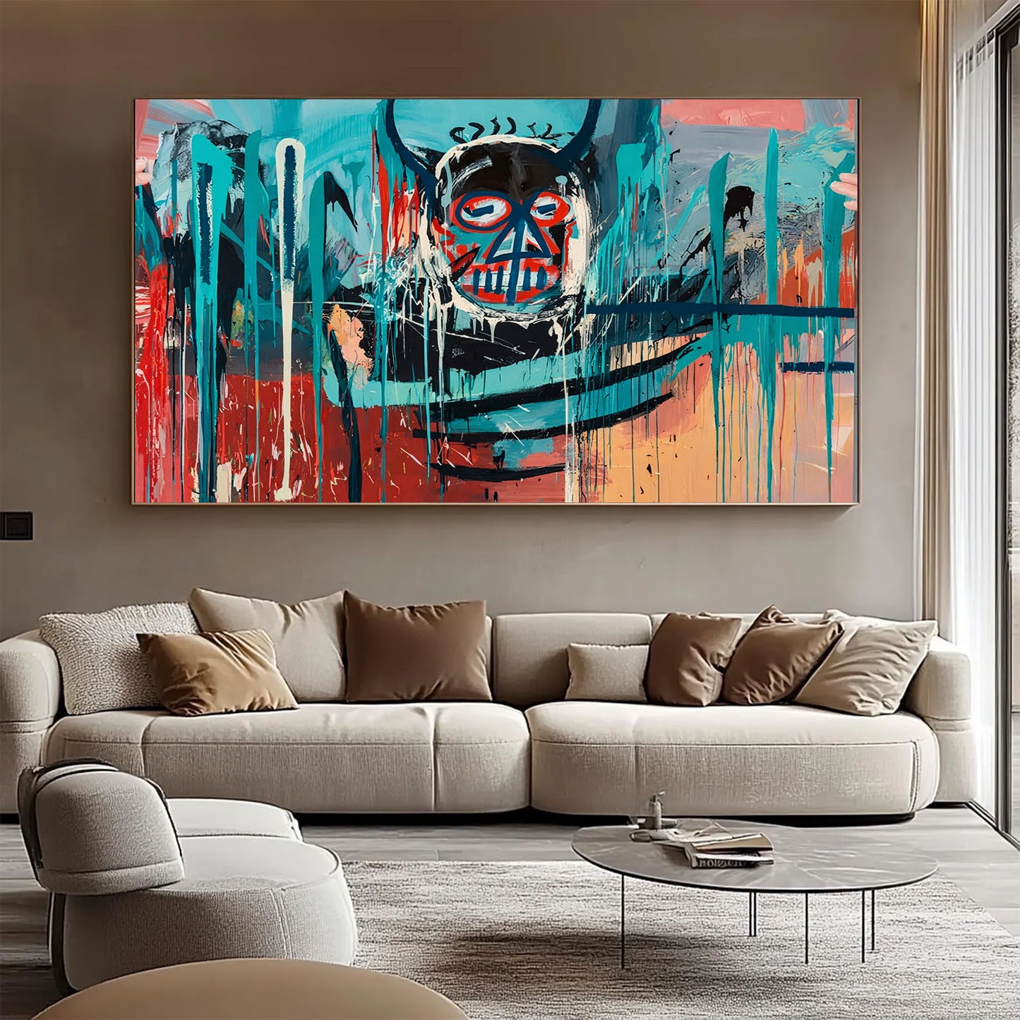 Modern living room with a large abstract painting on the wall above a beige sofa.