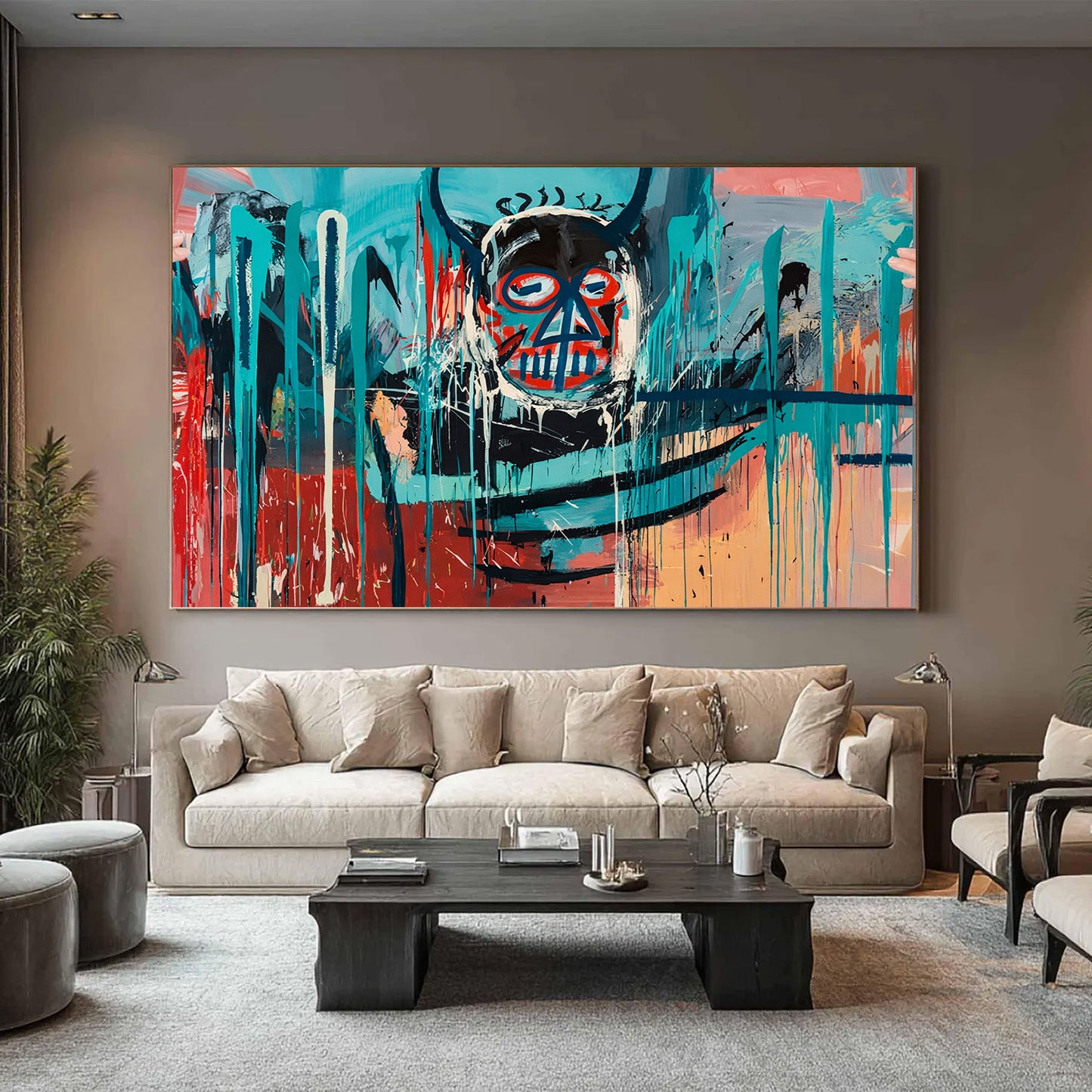 Modern living room with a large abstract painting on the wall.